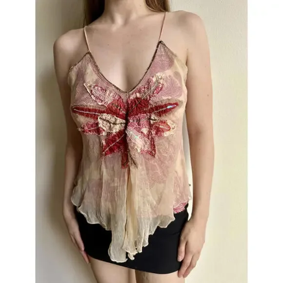 Pink Mesh Beaded Flower Cami Top - Picture 4 of 5